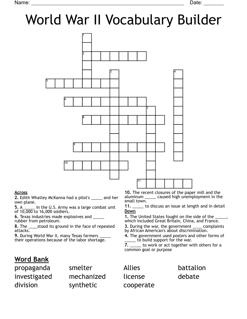 World War II Vocabulary Builder Crossword