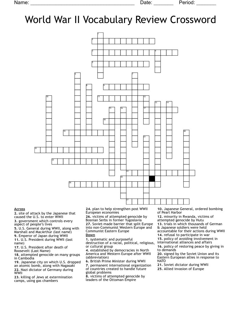 World War II Vocabulary Review Crossword