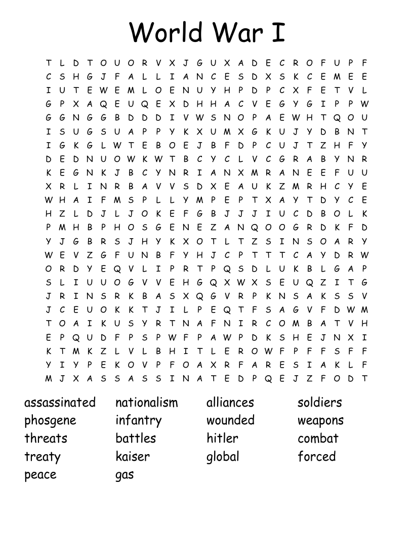 World War I Word Search