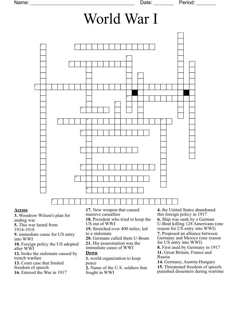 World War I Crossword