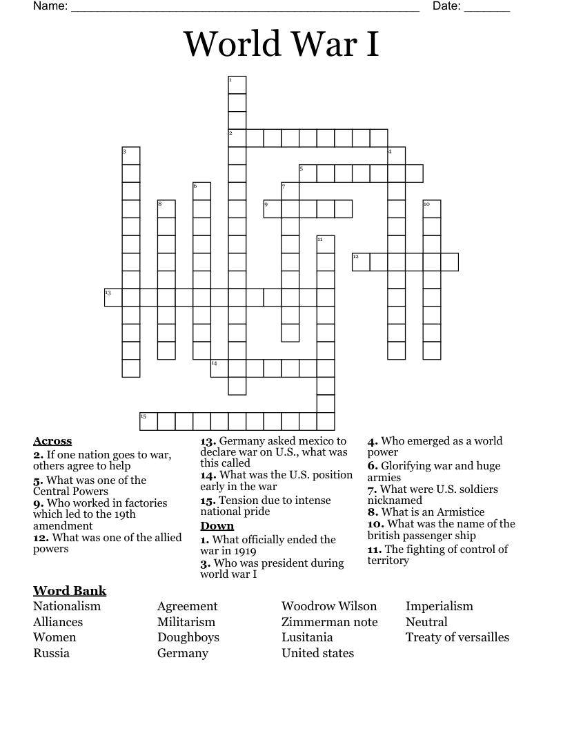 World War I Crossword