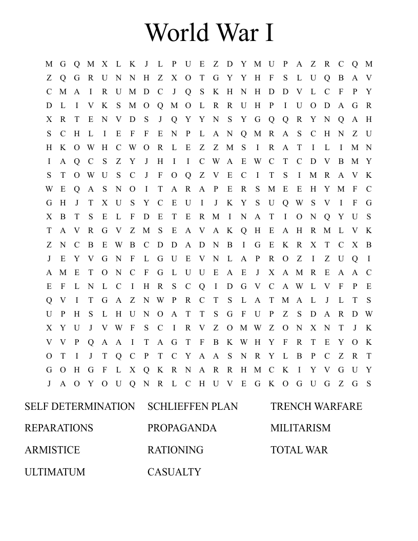 World War I Word Search