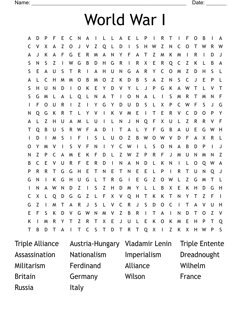 World War I Word Search