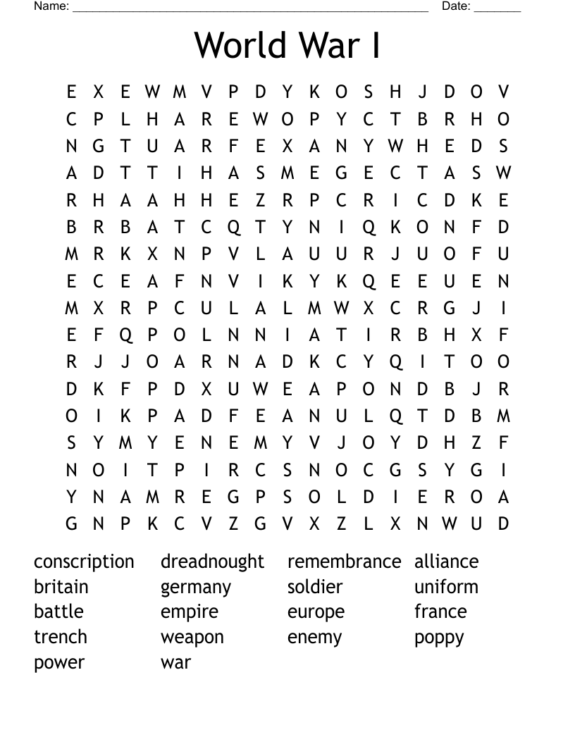 World War I Word Search
