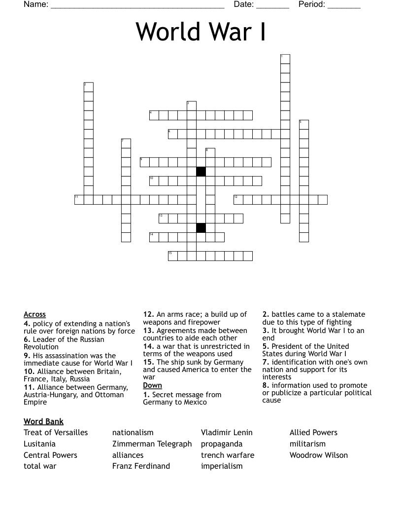 World War I Crossword