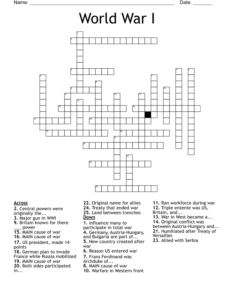 World War I Crossword