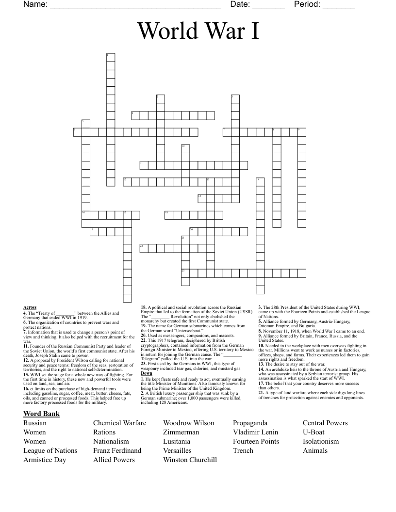 World War I Crossword