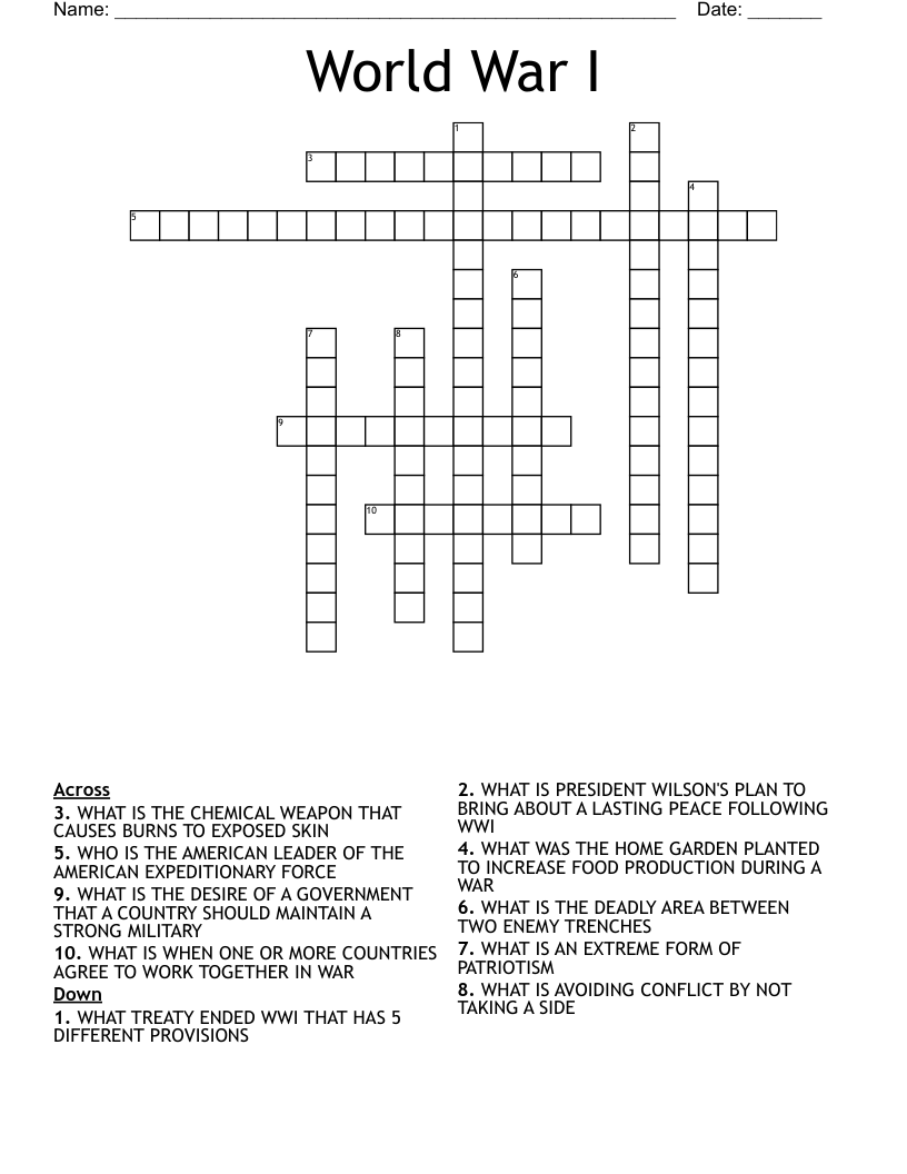 World War I Crossword