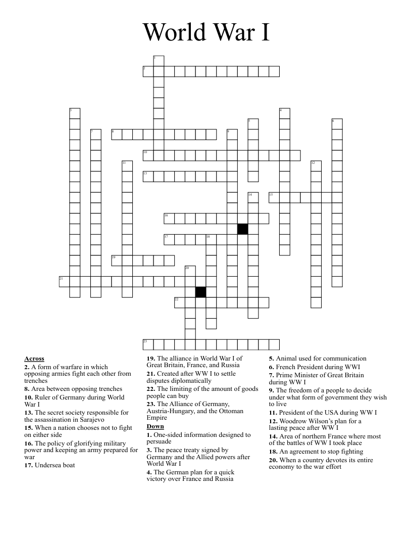 World War I Crossword