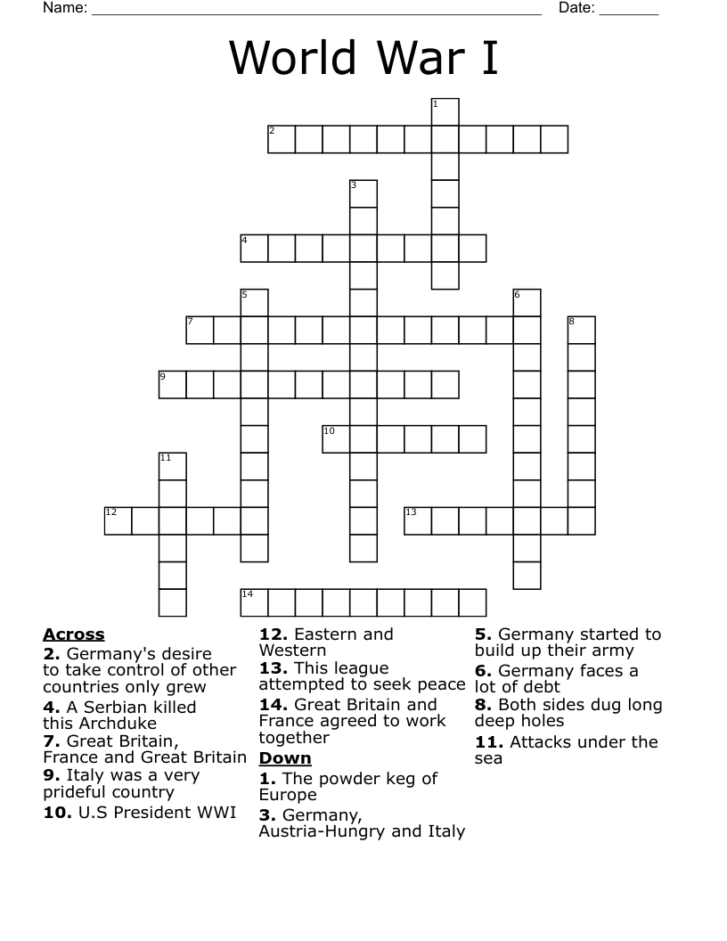 World War I Crossword