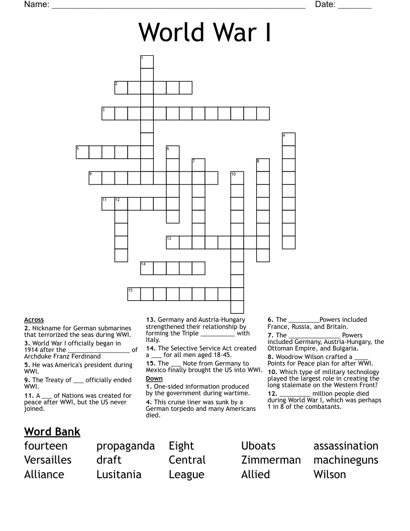 World War I Crossword