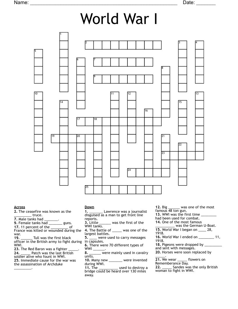 World War I Crossword