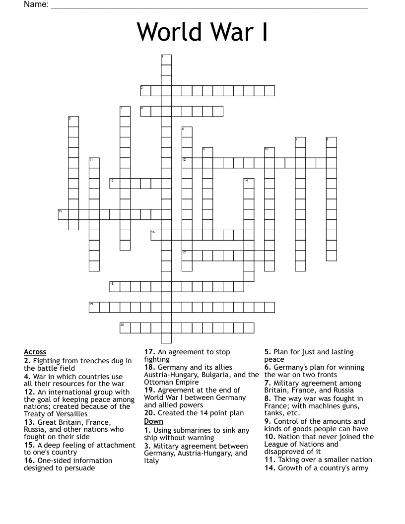 World War I Crossword