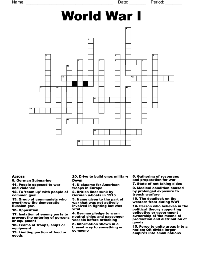 World War I Crossword