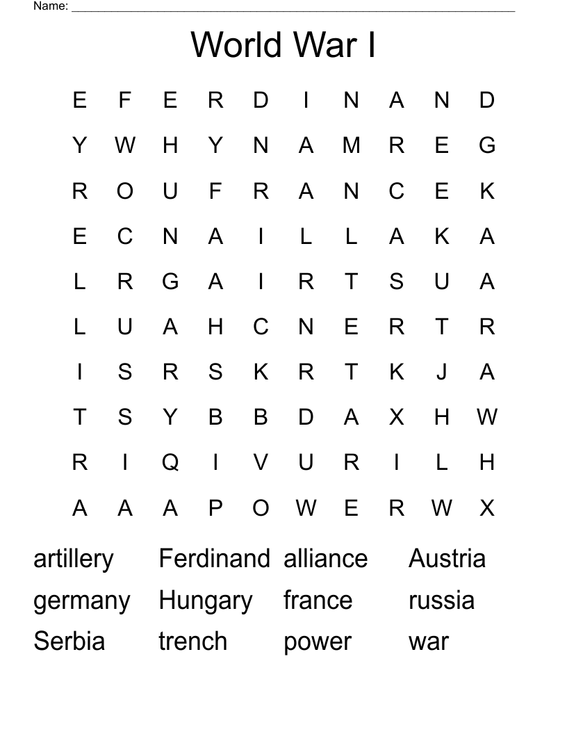 World War I Word Search