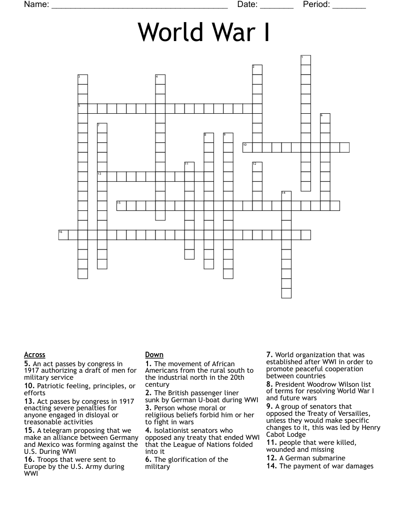 World War I Crossword