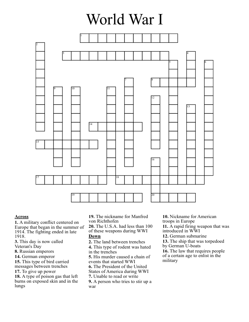 World War I Crossword