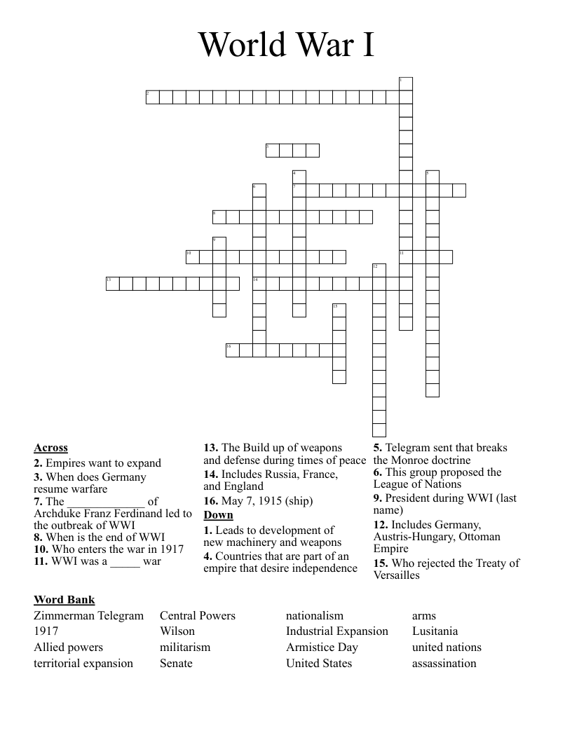 World War I Crossword