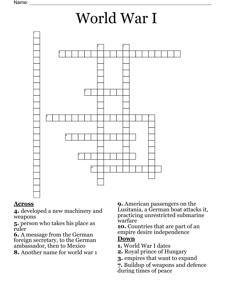 World War I Crossword