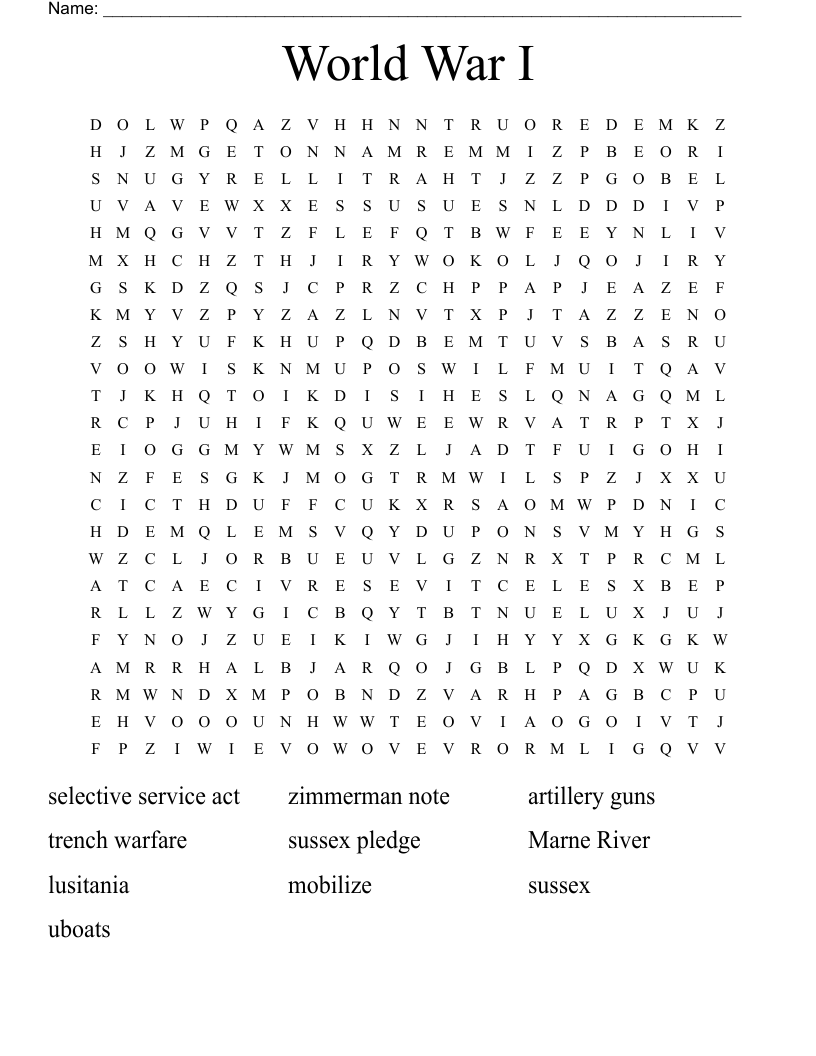 World War I Word Search