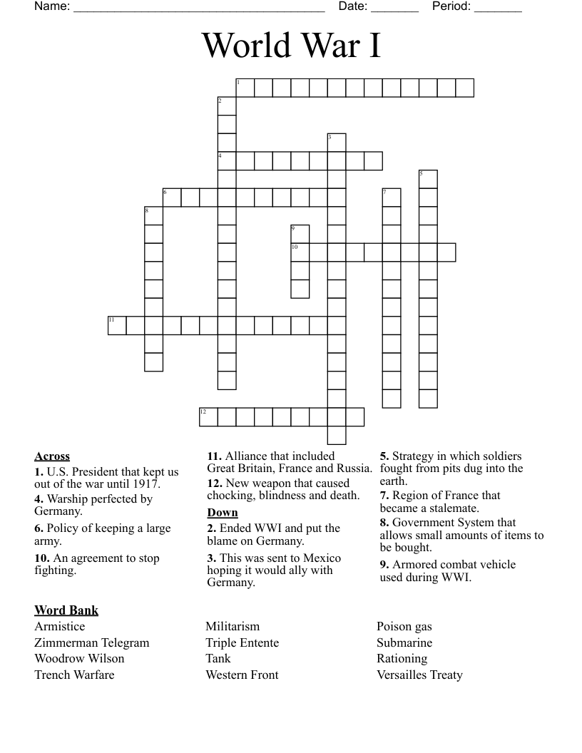World War I Crossword