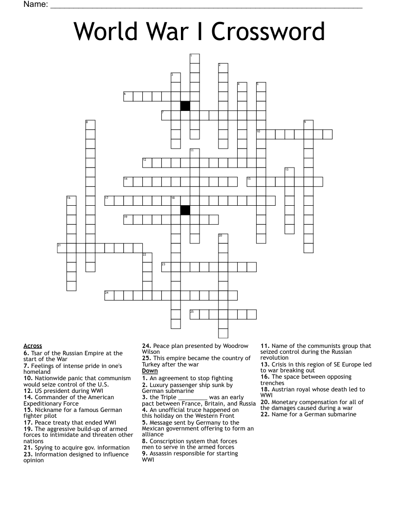 World War I Crossword