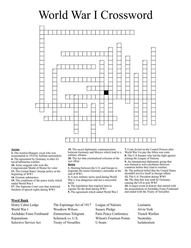 World War I Crossword