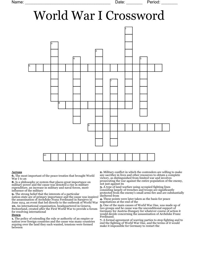 World War I Crossword