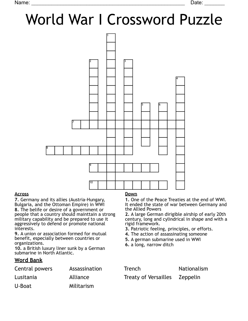 World War I Crossword Puzzle