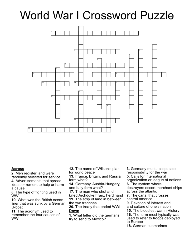 World War I Crossword Puzzle