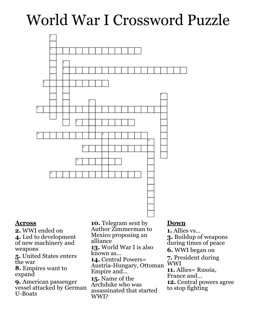 World War I Crossword Puzzle