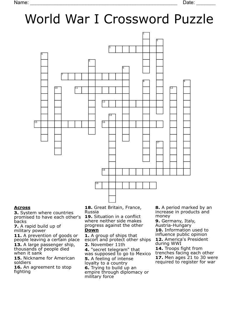 World War I Crossword Puzzle