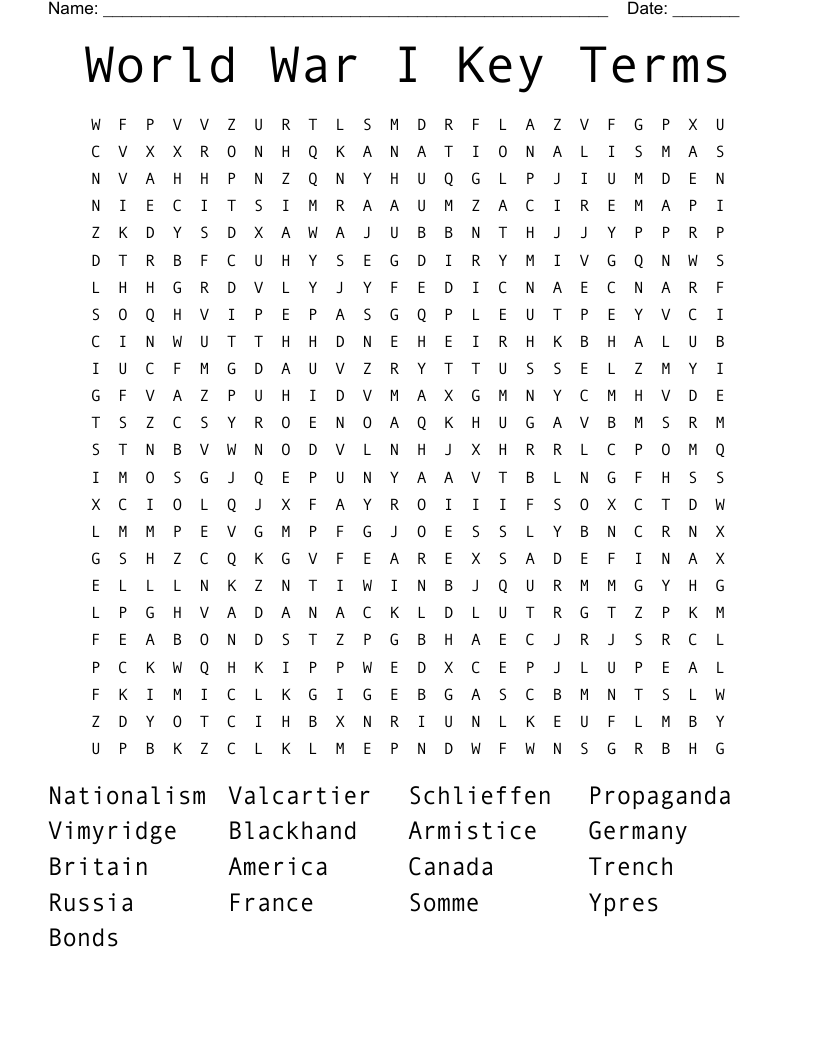 World War I Key Terms Word Search