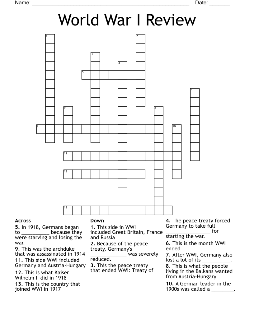 World War I Review Crossword