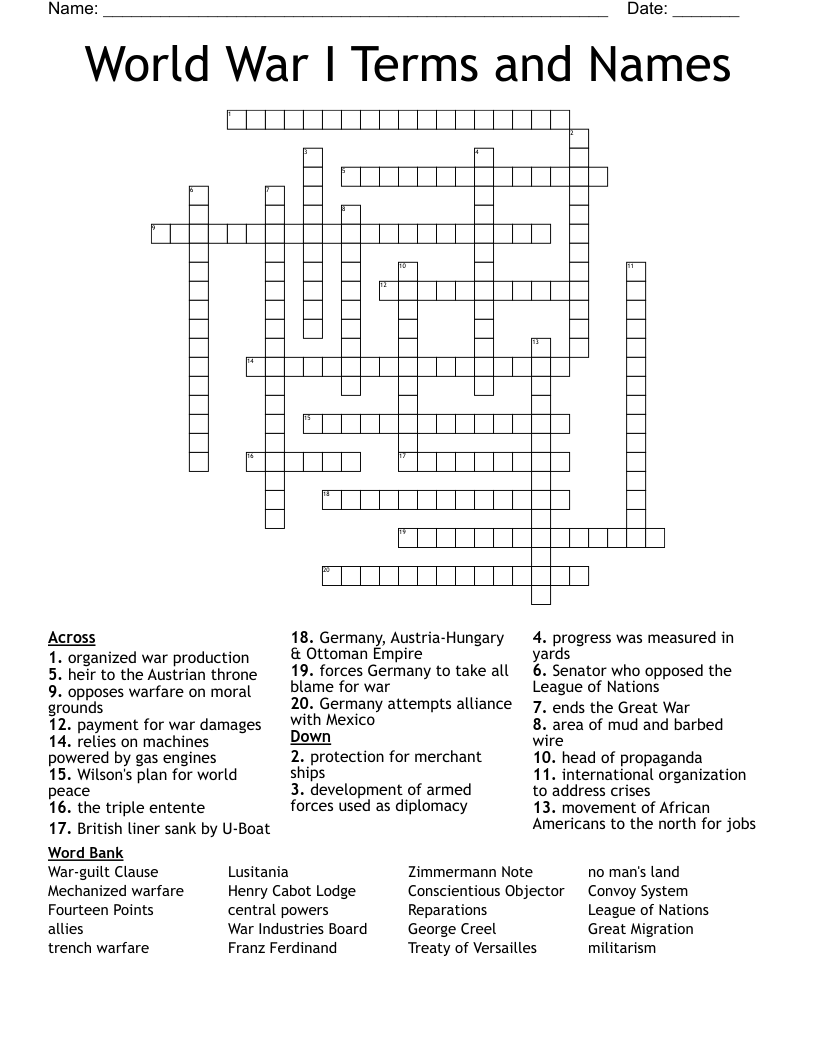 World War I Terms and Names Crossword