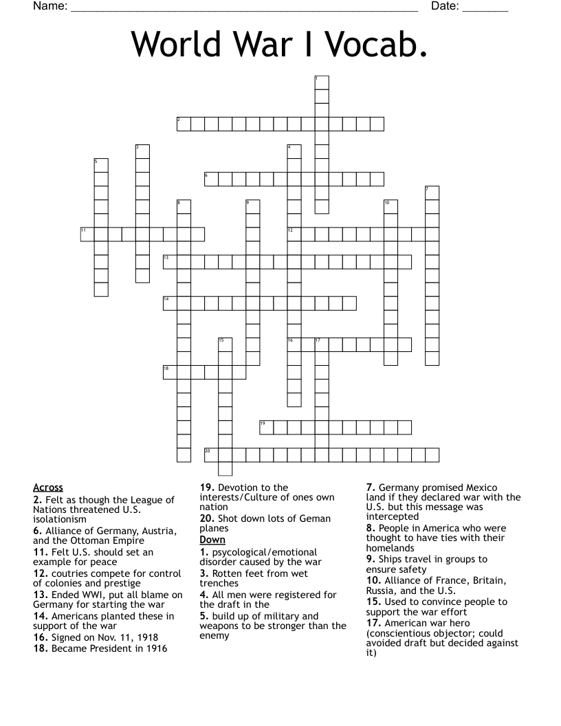 World War I Vocab. Crossword