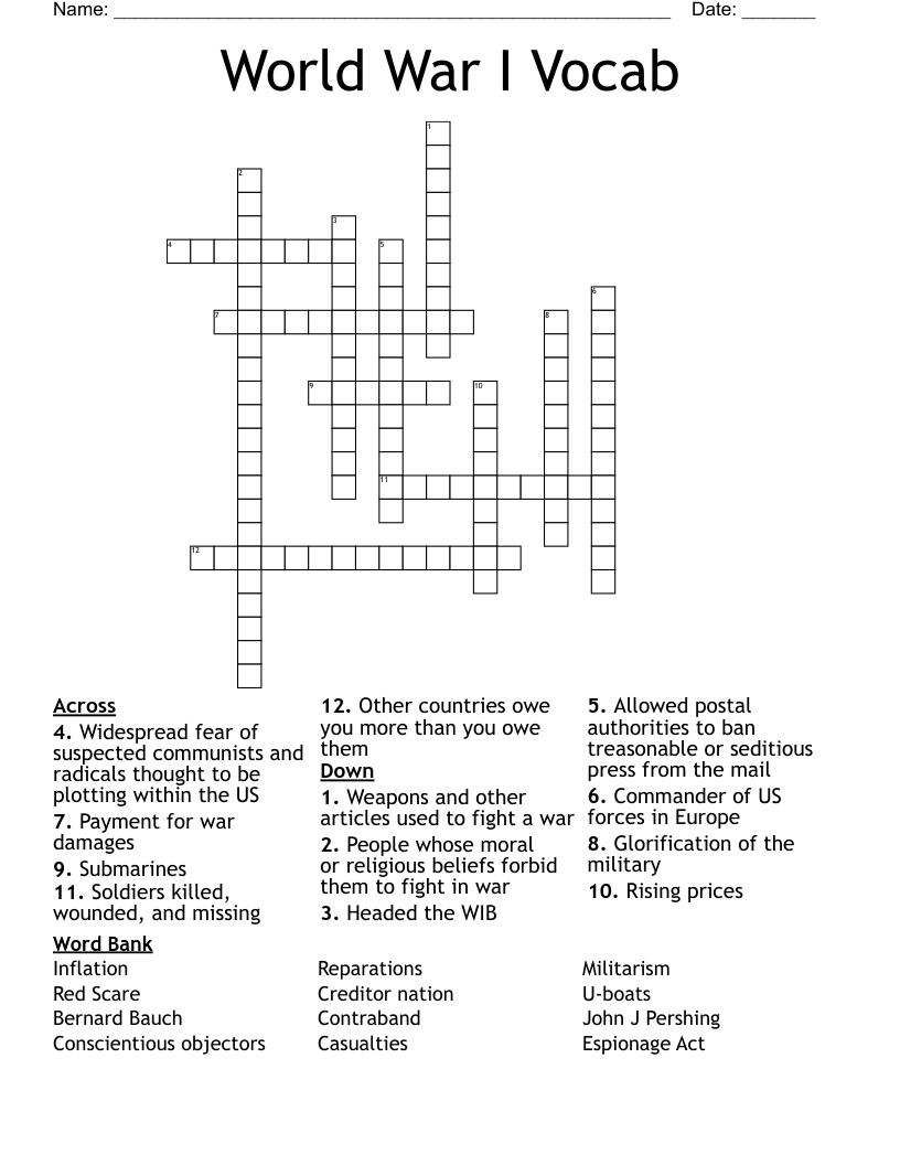 World War I Vocab Crossword