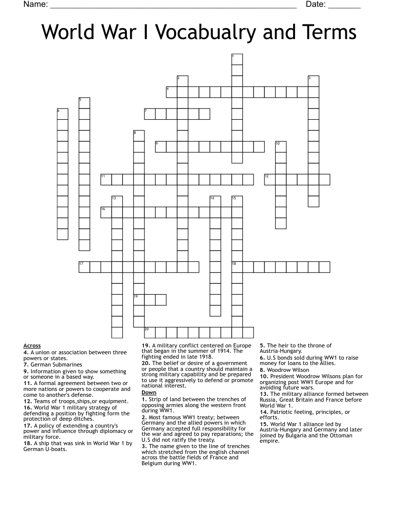 World War I Vocabualry and Terms Crossword