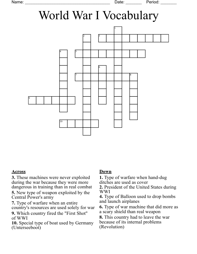 World War I Vocabulary Crossword