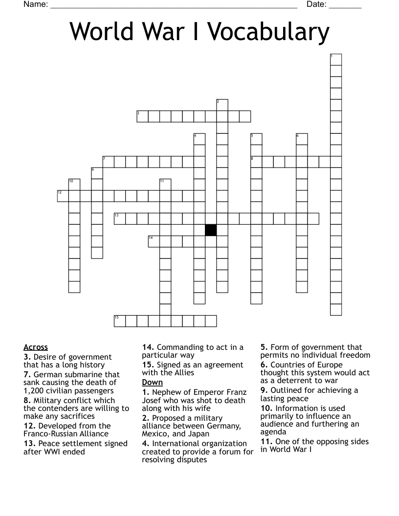 World War I Vocabulary Crossword
