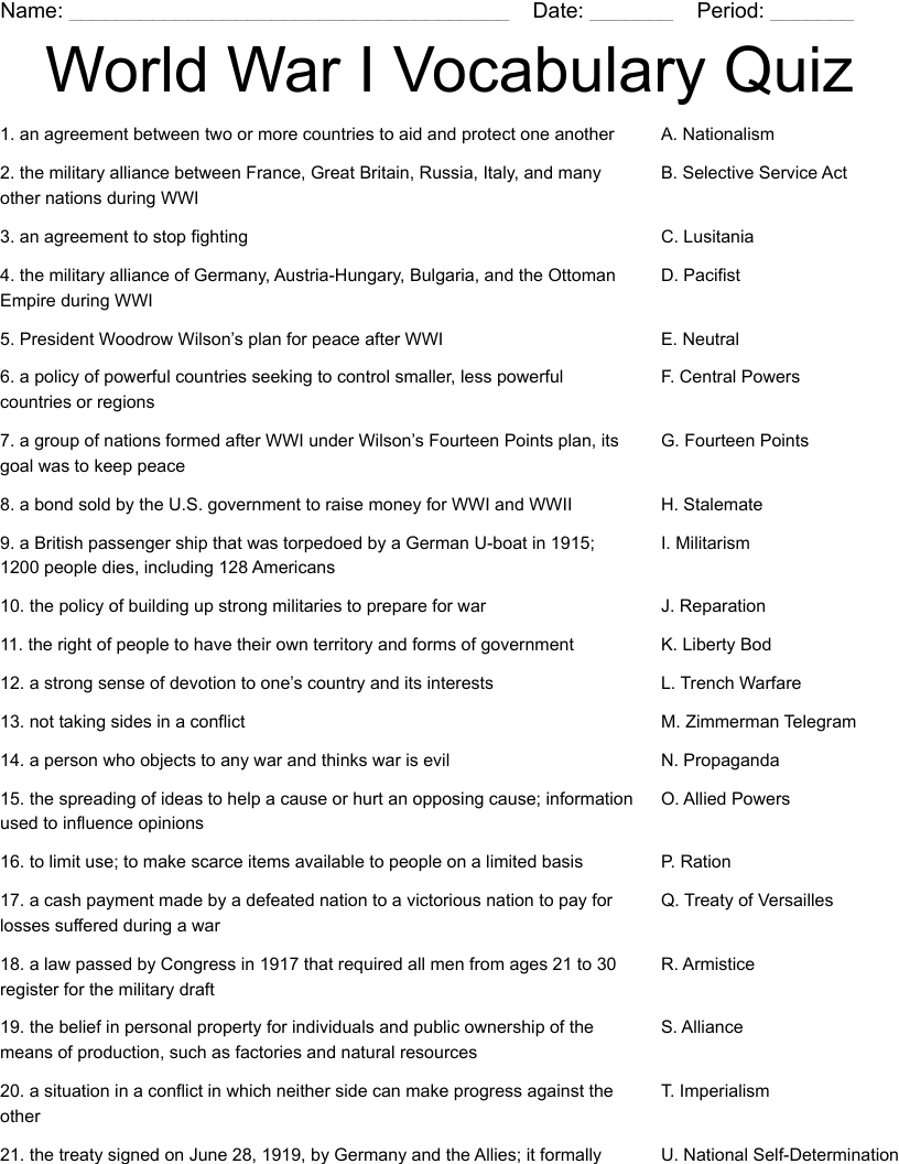 World War I Vocabulary Quiz Worksheet