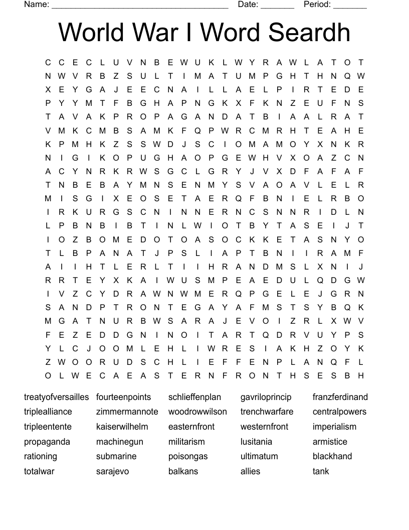 World War I Word Seardh Word Search