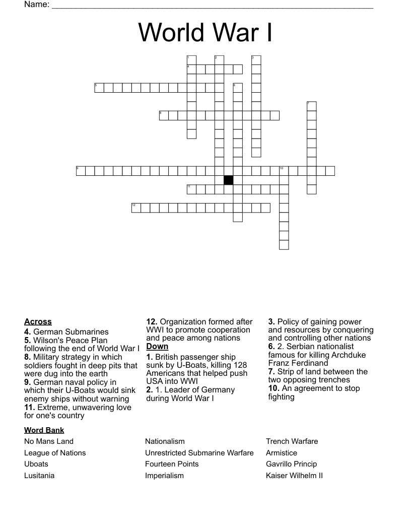World War I  Crossword