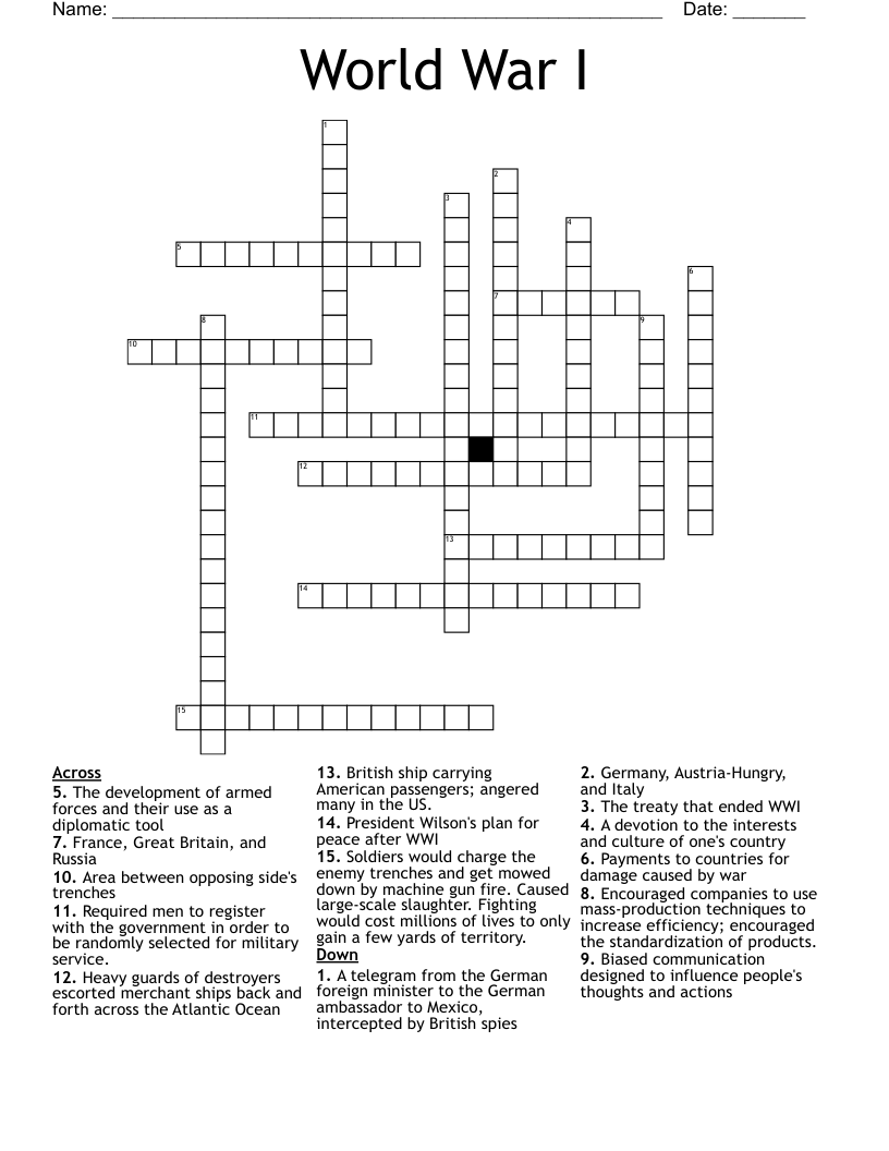 World War I  Crossword