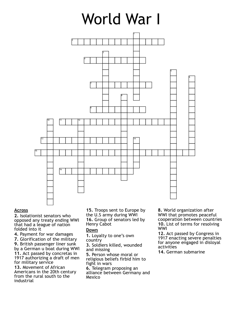 World War I  Crossword