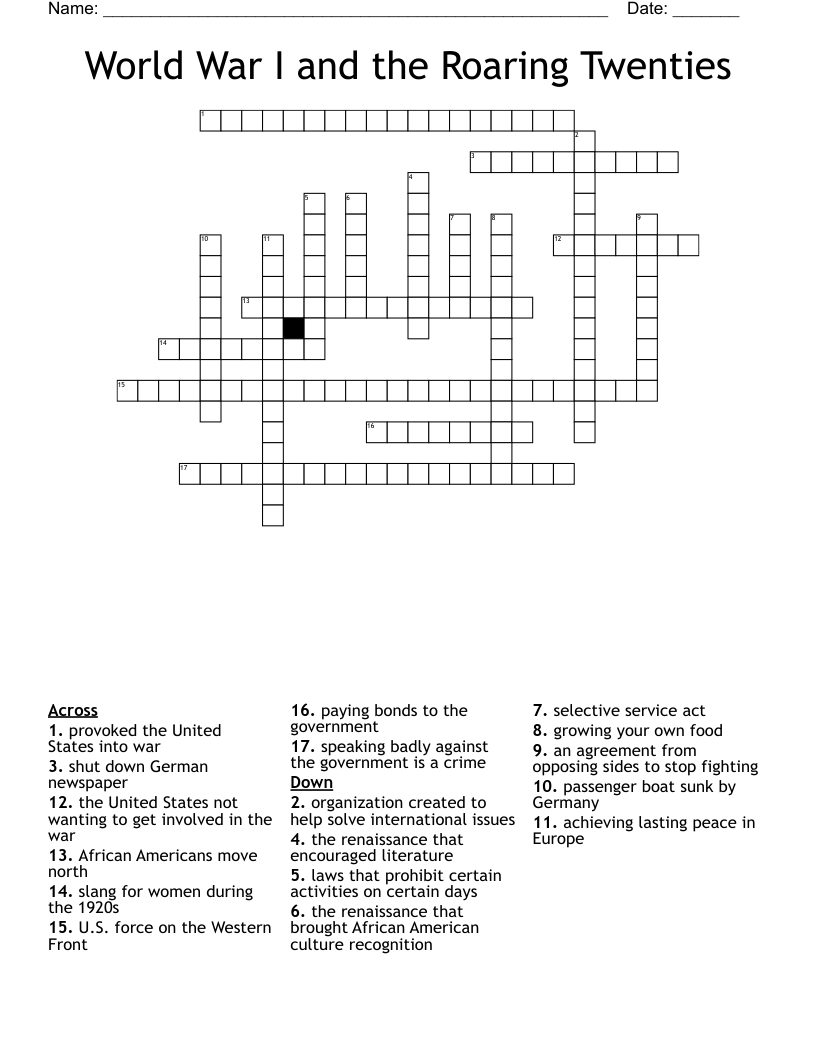 World War I and the Roaring Twenties Crossword