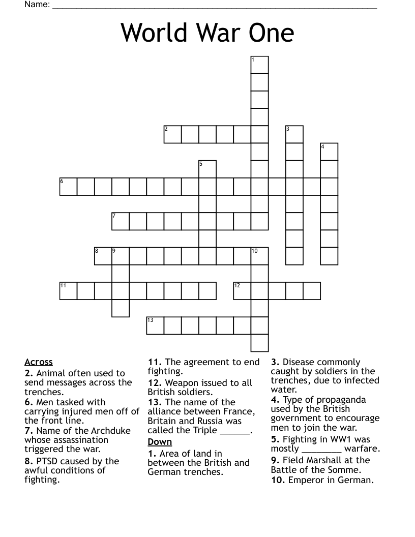 World War One Crossword