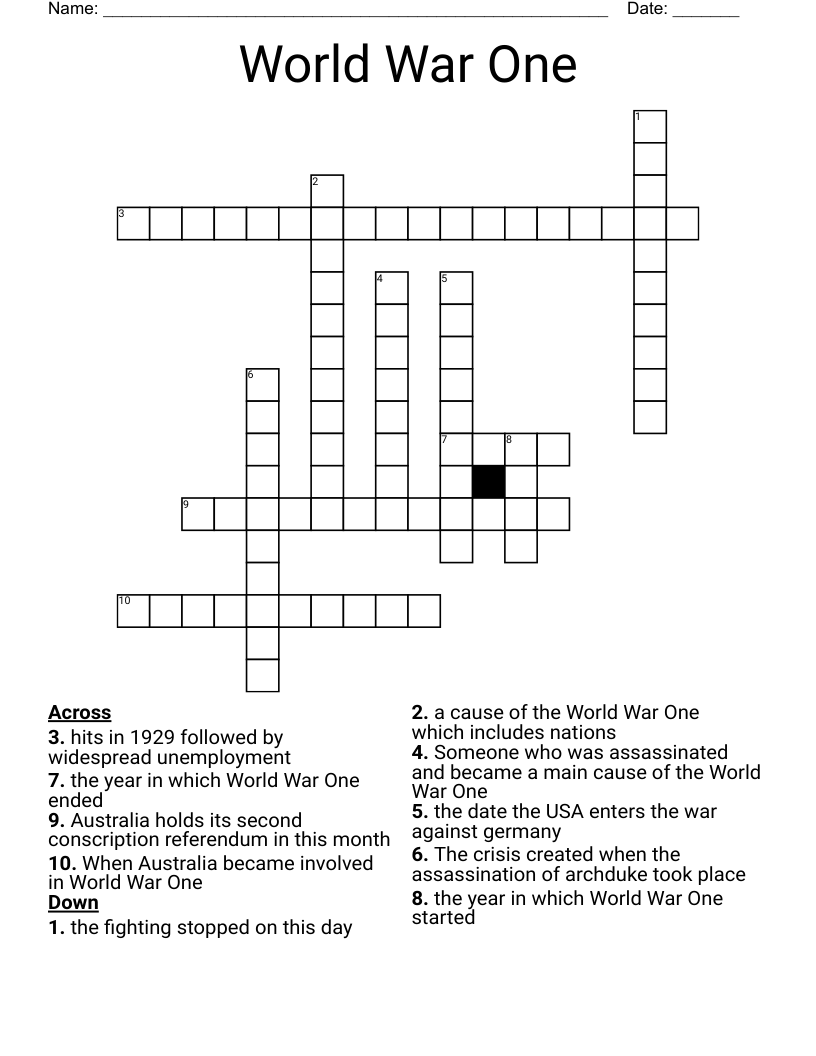 World War One Crossword
