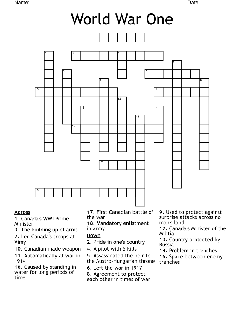 World War One Crossword