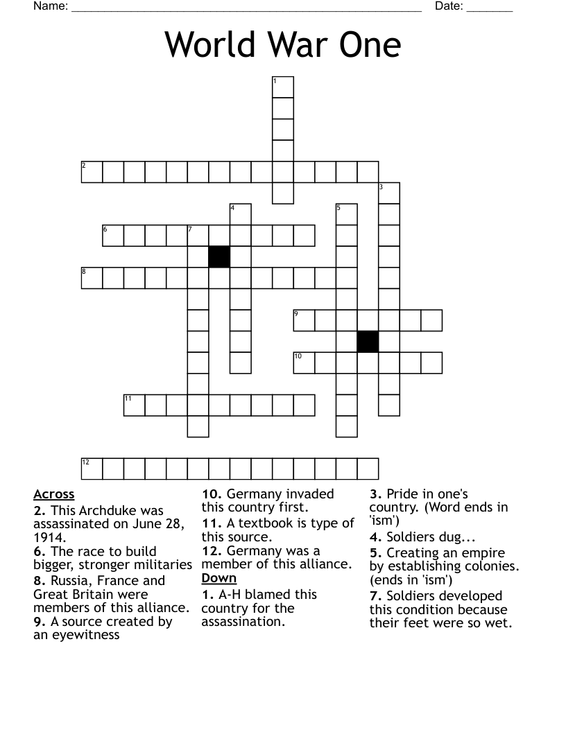 World War One Crossword